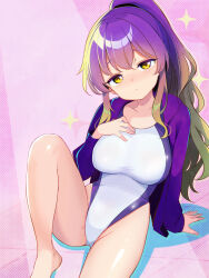 Rule 34 | 1girl, blonde hair, breasts, competition swimsuit, feet out of frame, gluteal fold, gradient hair, harakune (mugennero), highleg, highleg one-piece swimsuit, highres, hijiri byakuren, hood, hooded jacket, jacket, large breasts, long hair, multicolored hair, one-piece swimsuit, ponytail, purple hair, purple jacket, solo, swimsuit, touhou, white one-piece swimsuit, yellow eyes
