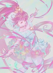 Rule 34 | 1girl, absurdly long hair, absurdres, aino megumi, aqua background, arm ribbon, bare shoulders, blunt bangs, brooch, choker, closed eyes, collarbone, cowboy shot, cure lovely, dress, earrings, expressionless, eyelashes, feathers, fur-trimmed dress, fur sleeves, fur trim, gold tiara, happinesscharge precure!, heart, heart brooch, heart earrings, high ponytail, highres, jewelry, leg ribbon, long hair, magical girl, open mouth, outstretched arms, pink choker, pink hair, pink ribbon, ponytail, precure, ribbon, shipu (gassyumaron), short dress, short sleeves, solo, super happiness lovely, thigh ribbon, tiara, very long hair, white dress