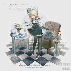 1girl animal_ears black_dress black_gloves black_pantyhose blonde_hair book cake candle chair checkered_floor cup dress flower food full_body gloves green_eyes highres holding looking_at_viewer original pantyhose plate shoes smile solo standing table tangshishi white_flower