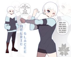 Rule 34 | 1boy, artist logo, black pants, black shirt, blue eyes, blue sleeves, boots, brown boots, character name, english text, french text, fur collar, hands in pockets, highres, kokoe (pyuncho), logo, looking at viewer, male focus, melric glacee (kokoe), multiple views, one eye closed, open mouth, original, pants, shirt, short hair, solo, speech bubble, teeth, trap, upper teeth only, white background, white hair, zoom layer