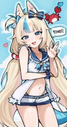 1girl absurdres ahoge animal_ears bikini blonde_hair blue_hair breasts cat_ears crab dress heart highleg highleg_bikini highres indie_virtual_youtuber long_hair looking_at_viewer low_twintails navel one_side_up open_mouth sameko_saba short_shorts shorts sleeveless sleeveless_dress small_breasts smile smolducko solo swimsuit twintails very_long_hair virtual_youtuber white_dress white_shorts