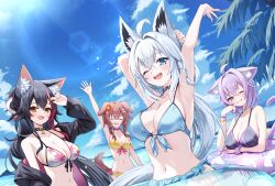 Rule 34 | 4girls, :d, ;d, absurdres, ahoge, alternate costume, animal ear fluff, animal ears, aqua eyes, armpits, bikini, bikini skirt, black hair, black jacket, black ribbon, blue bikini, braid, breasts, brown hair, cat ears, cat girl, cat tail, cleavage, closed eyes, crossed bangs, day, dog ears, dog girl, dog tail, double-parted bangs, fox ears, fox girl, front-tie bikini top, front-tie top, grin, hair between eyes, hair ornament, hair ribbon, hairclip, highres, hololive, hololive gamers, inugami korone, jacket, leaf print, long hair, low ponytail, low twin braids, messy hair, multicolored hair, multiple girls, navel, nekomata okayu, ocean, official alternate costume, official alternate hairstyle, one eye closed, ookami mio, ookami mio (hololive summer 2019), open mouth, outdoors, ponytail, print bikini, purple eyes, purple hair, red hair, ribbon, shirakami fubuki, shirakami fubuki (hololive summer 2019), short hair, side braid, sidelocks, sky, smile, streaked hair, swimsuit, tail, togemaru34, twin braids, very long hair, virtual youtuber, white bikini, white hair, wolf ears, wolf girl, yellow bikini