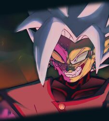 1boy black_bodysuit bodysuit cashmro colored_sclera colored_skin dragon_ball dragon_ball_super earrings evil_grin evil_smile fused_zamasu green_skin grey_eyes grin heterochromia jewelry looking_ahead melting mismatched_pupils mismatched_sclera multicolored_skin mutation pointy_ears potara_earrings purple_eyes purple_skin sharp_teeth smile solo spiked_hair teeth white_hair yellow_sclera