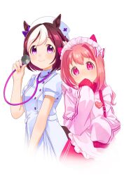 Rule 34 | apron, bow, brown hair, commentary request, dress, flower-shaped pupils, frilled apron, frills, hair intakes, haru urara (umamusume), hat, highres, holding, jacket, jersey maid, maid, maid headdress, moko39 takasora, multicolored hair, nurse, nurse cap, pink hair, pink skirt, puffy short sleeves, puffy sleeves, purple eyes, short sleeves, simple background, skirt, special week (umamusume), stethoscope around neck, symbol-shaped pupils, track jacket, two-tone hair, umamusume, unconventional maid, white apron, white background, white bow, white dress, white hair, white jacket