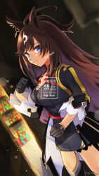 Rule 34 | 1girl, animal ears, black dress, black gloves, blue eyes, blurry, blurry background, brown hair, clenched hands, closed mouth, commentary request, dress, duramente (umamusume), feet out of frame, gem, gloves, gold trim, highres, horse ears, horse girl, hotaro (bread fusa), jewelry, long hair, looking at viewer, looking to the side, necklace, purple gemstone, ringed eyes, smile, solo, stained glass, umamusume, white trim