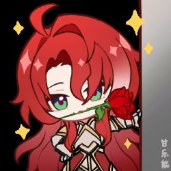 1boy :3 ahoge animated animated_gif argenti_(honkai:_star_rail) armor chibi flower gan_le_buneng gauntlets green_eyes honkai:_star_rail honkai_(series) long_hair looking_at_viewer lowres male_focus mouth_hold multicolored_hair one_eye_closed parted_bangs pauldrons red_flower red_rose rose shoulder_armor sidelocks solo sparkle streaked_hair transparent_background very_long_hair winking_(animated)