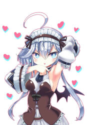 ahoge ajitarou_(setsu) armpits bat_wings black_ribbon black_wings blue_eyes bodysuit choker emil_chronicle_online frilled_choker frilled_hairband frilled_sleeves frills hairband heart mecha_musume mitama_aria open_mouth ribbon upper_body white_bodysuit white_hair wings