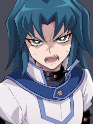 1boy blue_eyes blue_hair commentary_request grey_background highres jacket looking_at_viewer male_focus marufuji_ryo niyane open_mouth short_hair simple_background solo sweat teeth tongue upper_body v-shaped_eyebrows white_jacket yu-gi-oh! yu-gi-oh!_gx