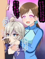 1boy 2girls @_@ absurdres anastasia_(idolmaster) bar_censor blue_eyes blush brown_hair cellphone censored echi_no_tami fellatio grey_hair highres holding holding_another&#039;s_hair holding_phone hypnosis idolmaster idolmaster_cinderella_girls irrumatio long_sleeves mind_control multiple_girls nitta_minami open_mouth oral penis phone pink_eyes smartphone sound_effects sweatdrop tears translation_request turn_pale