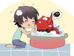 Rule 34 | 2boys, angry, annoyed, armor, bandaid, basin, bath, bathing, bathroom, bipinkbunny, blush, bubble, kamen rider, kamen rider den-o (series), male focus, momotaros, monster, monster boy, multiple boys, nogami ryoutarou, oni, red armor, smile, sponge, staring, sweatdrop