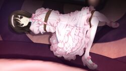 1girl arm_garter arms_behind_back bdsm bondage bound bound_arms bound_legs bound_thighs bound_torso bow brown_eyes chaos;child chaos;child_love_chu_chu! collar dress flat_chest footwear_bow frilled_collar frilled_dress frilled_skirt frilled_sleeves frills from_side full_body game_cg hairband high_heels highres knees knees_together_feet_apart lolita_fashion long_sleeves looking_at_viewer lying mary_janes non-web_source official_art on_back open_mouth pantyhose pink_bow pink_dress pink_hairband pink_ribbon pink_shoes puffy_sleeves restrained ribbon rope sasaki_mutsumi shoes short_hair skirt solo sweet_lolita swept_bangs tachibana_yui tongue white_pantyhose