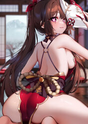 1girl :3 ass bare_shoulders black_choker blurry blurry_background breasts brown_hair choker dress facial_mark fox_mask from_behind highres holding holding_mask honkai:_star_rail honkai_(series) kneeling long_hair looking_at_viewer mask medium_breasts pink_eyes red_dress red_nails sideboob sleeveless sleeveless_dress solo sparkle_(honkai:_star_rail) squchan symbol-shaped_pupils twintails watermark web_address