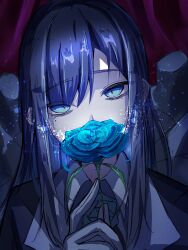 1girl ado_(utaite) blue_eyes blue_flower blue_hair blue_rose chando_(ado) commentary_request flower gloves highres holding holding_flower light_particles long_hair looking_at_viewer megu_(9abgoluanvcjd7o) mole mole_under_eye rose sidelocks solo upper_body utaite white_gloves