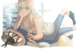1girl absurdres bare_shoulders blonde_hair blue_eyes blue_pants blunt_bangs book denim disembodied_torso ecomoesty foot_out_of_frame head_rest highres jeans leg_up long_hair lying mechabare on_stomach open_book original pants socks tank_top