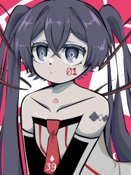 1girl 39 :&lt; arm_tattoo closed_mouth collarbone commentary_request crossed_bangs dress facial_tattoo grey_eyes grey_hair hair_between_eyes hatsune_miku highres long_hair medibang_paint_(medium) necktie neko_7567 red_necktie solo tattoo twintails very_long_hair vocaloid