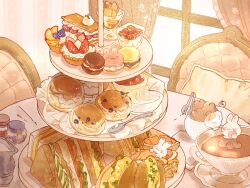 :3 blueberry blush bowl chair closed_eyes closed_mouth commentary cookie cup curtains english_commentary food food_request fruit highres in_food indoors jar lying macaron mousse_(food) nao_(bestrollever) napkin no_humans on_back original pastry pillow rabbit sandwich saucer sleeping smile spoon steam strawberry table tablecloth tea teacup tiered_tray tongs tray window