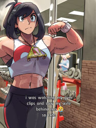 2girls abs aged_up alternate_muscle_size biceps black_hair blonde_hair blue_eyes breasts brick_wall commentary double_biceps_pose english_commentary flexing frown grey_eyes gym highres i_was_watching_my_gym_clips_and_saw_this_girl_behind_me_(meme) jewelry juno_son large_breasts lillie_(pokemon) looking_at_another looking_at_viewer meme multiple_girls muscular muscular_female necklace nintendo open_mouth pants pokemon pokemon_sm selene_(pokemon) tank_top thick_thighs thighs track_pants yuri