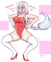 1girl abarus absurdres blush breasts english_text heart high_heels highres kumo_desu_ga_nani_ka? kumoko_(kumo_desu_ga_nani_ka?) looking_at_viewer medium_breasts open_mouth ponytail red_eyes shiraori smile solo thighhighs white_thighhighs