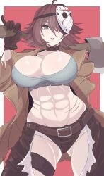 1girl :o abs ahoge axe bishoujo_terror blue_eyes breasts brown_choker brown_gloves brown_hair brown_jacket choker friday_the_13th genderswap genderswap_(mtf) gloves highres hockey_mask jacket jason_voorhees large_breasts looking_at_viewer mask mask_over_one_eye medium_hair muscular muscular_female pinky_out revealing_clothes scratches yoshiikirablr