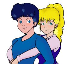 1boy 1girl anne_hopkins blonde_hair cyril_turner freckles green_eyes heart hug hug_from_behind janusmolinovsky looking_at_viewer onegai!_samia_don ponytail school_uniform smile vest