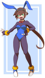 1girl absurdres aile_(mega_man_zx) animal_ears black_bodysuit blue_background blue_leotard bodysuit bodysuit_under_clothes border brown_hair commission fake_animal_ears full_body green_eyes highres leotard long_hair mega_man_(series) mega_man_zx mega_man_zx_advent playboy_bunny ponytail rabbit_ears robot_ears shoutaro_saito simple_background solo strapless strapless_leotard white_border