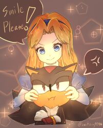 1boy 1girl :&gt; anger_vein annoyed baitong blonde_hair blue_eyes blue_hairband cropped_torso crossed_arms furry furry_male gloves hairband hand_on_another&#039;s_cheek hand_on_another&#039;s_face maria_robotnik orange_eyes shadow_the_hedgehog sonic_(series) sparkle twitter_username v-shaped_eyebrows white_gloves