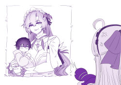1boy 2girls absurdres aepuru_arts aged_down ahoge anger_vein bow breasts cantarella_(wuthering_waves) carlotta_(wuthering_waves) cleavage commentary commission earrings english_commentary facial_mark flower hair_bow hair_flower hair_ornament hairband headdress highres jewelry large_breasts looking_at_another male_rover_(wuthering_waves) mark_under_eye monochrome motherly multiple_girls pangu_terminal_(wuthering_waves) rover_(wuthering_waves) short_hair shrug_(clothing) smile wuthering_waves