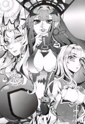 3girls ariabosu baobhan_sith_(fate) baobhan_sith_(second_ascension)_(fate) barghest_(fate) barghest_(second_ascension)_(fate) breasts cleavage commentary_request corrupted_twitter_file covered_erect_nipples detached_sleeves earrings fate/grand_order fate_(series) greyscale hair_intakes highres hoop_earrings horns huge_breasts jewelry large_breasts medium_breasts melusine_(fate) melusine_(second_ascension)_(fate) monochrome multiple_girls page_number pointy_ears sideboob smile