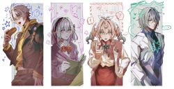 ! ... 2boys 2girls absurdres anaxa_(honkai:_star_rail) aqua_hair black_jacket black_pants blue_eyes blue_shirt book castorice_(honkai:_star_rail) closed_mouth food ggtnnk grey_hair hat highres holding holding_book holding_food honkai:_star_rail honkai_(series) hot_dog hyacine_(honkai:_star_rail) jacket looking_at_viewer medium_hair midriff multicolored_hair multiple_boys multiple_girls navel open_book open_mouth pants phainon_(honkai:_star_rail) pink_hair purple_hair purple_sweater red_skirt shirt short_hair side_ponytail skirt spoken_ellipsis spoken_exclamation_mark sweater teeth twintails two-tone_hair upper_body upper_teeth_only white_hat white_jacket