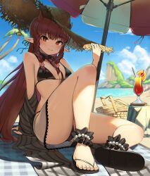 1girl absurdres anklet arknights bare_shoulders basket beach beach_umbrella bikini black_bikini blue_sky blunt_bangs braid breasts cherry closed_mouth cup day detached_collar drink drinking_glass flip-flops food fruit full_body hair_ornament hand_on_headwear hat highres horns horns_through_headwear jewelry kamome0ningen knee_up legs long_hair looking_at_viewer necktie official_alternate_costume orange_(fruit) orange_slice outdoors pointy_ears red_eyes red_hair red_necktie sandals see-through_clothes side-tie_bikini_bottom sitting sky small_breasts smile solo star_(symbol) star_hair_ornament straw_hat swimsuit toenails toes twin_braids umbrella very_long_hair vigna_(arknights) vigna_(casual_vacation)_(arknights)