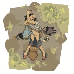 1boy bidoof feet flip-flops gen_4_pokemon highres kenoru male_focus navel nintendo open_mouth outdoors pokemon pokemon_(creature) pokemon_legends:_arceus rei_(pokemon) sandals shinx shota solo_focus starly tagme toes undressing undressing_another unworn_sandals