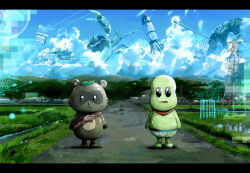 animal araki_rakka blue_sky character_request cloud cloudy_sky crab day grass highres leaf mode_aim no_humans outdoors oversized_animal peanuts-kun road rocket sky standing virtual_youtuber wide_shot