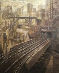 absurdres akihabara_(tokyo) ballast bridge building city day fine_art_parody highres nihonga no_humans original parody railroad_tracks road shadow sunlight tanamachi_yoshihiro tokyo_(city) traffic_light tunnel