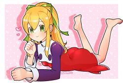1girl blonde_hair border breasts dress full_body green_eyes heart high_ponytail long_hair lying mega_man_(classic) mega_man_(series) on_stomach pink_background ponytail red_dress rikka_(user_hruv2435) roll_(mega_man) simple_background small_breasts solo the_pose twintails white_border