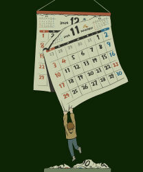 Rule 34 | 1other, 2024, absurdres, avogado6, blue pants, brown hair, calendar (object), commentary request, green background, grey socks, hanging on, highres, long sleeves, mini person, original, pants, shirt, simple background, socks, solo, symbolism, trash can, yellow shirt
