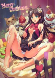 1girl absurdres animal_ears atdan bad_id bad_pixiv_id bare_shoulders barefoot black_hair blue_eyes blush breasts cake cat cat_ears center_opening cleavage fate/stay_night fate_(series) feet female_focus flower food food_on_head fruit hair_flower hair_ornament highres in_food legs long_hair long_legs maebari merry_christmas mini_person minigirl navel object_on_head open_mouth solo spread_legs strawberry toes tohsaka_rin two_side_up