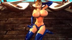1girl 20s 3d almightypatty animated arm_behind_head artist_name blonde_hair blue_eyes blue_gloves blue_legwear blue_shorts bouncing bouncing_breasts breasts cleavage deck_chair elbow_gloves female_focus flexing front-tie_top gloves hair_between_eyes hand_on_thigh huge_breasts kneeling large_areolae long_hair looking_at_viewer metroid midriff navel nintendo nipples outdoors pec_flex ponytail samus_aran shorts sidelocks sitting solo teasing thighhighs topless_female uncensored unworn_clothes video virt-a-mate water wooden_deck
