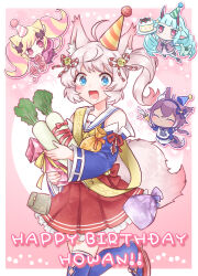 4girls :d animal_ears bag bell blue_eyes blue_thighhighs border delmin_(myumon)_(show_by_rock!!) delmin_(show_by_rock!!) detached_sleeves food foot_out_of_frame fox_ears fox_girl fox_tail frilled_skirt frills hair_bell hair_ornament happy_birthday hat holding holding_bag holding_food holding_vegetable howan_(show_by_rock!!) mashima_himeko_(myumon)_(show_by_rock!!) mashima_himeko_(show_by_rock!!) mikan_tabetai multiple_girls neckerchief open_mouth outside_border party_hat pink_background pink_hair radish red_skirt ruhuyu_(myumon)_(show_by_rock!!) ruhuyu_(show_by_rock!!) sash short_hair shoulder_sash show_by_rock!! side_ponytail skirt smile solo_focus standing standing_on_one_leg tail thighhighs vegetable white_border yellow_neckerchief