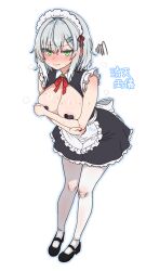 Rule 34 | 1girl, apron, areola slip, back bow, bare arms, black dress, black pasties, black shoes, blush, bow, bowtie, breastless clothes, breasts, breasts out, crossed arms, dress, embarrassed, green eyes, grey hair, hair ornament, hairclip, highres, large breasts, maid, maid headdress, mary janes, medium hair, negationtenmaru, original, pantyhose, parallel hairclips, red bow, red bowtie, shoes, short dress, sleeveless, sleeveless dress, solo, sweat, waist apron, white pantyhose