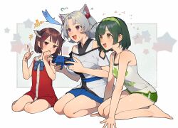 3girls animal_ear_fluff animal_ears barefoot beads blue_bow blue_bowtie blue_sash blue_skirt blush bow bowtie brown_hair casual commentary_request controller dress fox_ears game_controller ghost green_hair green_hairband green_shorts grey_hair hair_beads hair_ornament hairband hairclip headgear highres holding holding_controller holding_game_controller index_finger_raised multiple_girls open_mouth orange_eyes pea_pod purple_eyes red_dress red_eyes sash seiza shirinda_fureiru short_hair shorts siblings sisters sitting skirt star_(symbol) striped_bow striped_bowtie striped_clothes sweat tank_top touhoku_itako touhoku_kiritan touhoku_zunko voiceroid white_tank_top yokozuwari