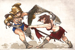 2girls armor bandaged_arm bandaged_leg bandages barefoot black_hair breasts brown_eyes brown_hair convenient_censoring eye_contact female_focus fighting fishnets grin helmet highres holding holding_polearm holding_shield holding_sword holding_weapon ironlily large_breasts looking_at_another multiple_girls muscular muscular_female original polearm sharp_teeth shield smile smoke smug sword teeth topfreedom topless_female trident weapon white_background