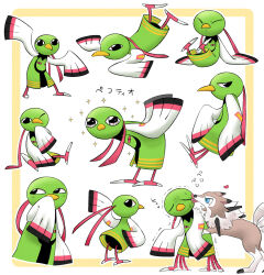 bird black_eyes blue_eyes closed_eyes dazzling3ti gen_2_pokemon gen_7_pokemon highres looking_at_viewer lycanroc nintendo no_humans pokemon pokemon_(creature) white_background wings xatu