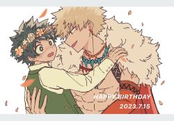 2boys abs bakugou_katsuki bare_pectorals blonde_hair boku_no_hero_academia buttoned_cuffs buttons cape collared_shirt cropped_torso dated detached_sleeves earrings falling_petals fingernails flower flower_wreath freckles fur-trimmed_cape fur_trim green_hair green_vest hand_on_another&#039;s_back hand_on_another&#039;s_shoulder happy_birthday ice_0377 jewelry letterboxed long_sleeves looking_at_another male_focus midoriya_izuku multiple_boys multiple_necklaces necklace official_alternate_costume open_mouth pectorals petals piercing pink_flower popped_collar red_cape red_eyes shirt short_hair smile upper_body vest white_background white_flower white_fur white_shirt