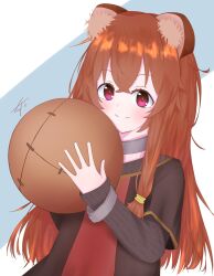 1girl animal_ear_fluff animal_ears artist_name ball blue_background brown_dress brown_hair child closed_mouth collar commentary_request dress dutch_angle grey_dress hair_between_eyes hands_up highres holding holding_ball layered_dress light_blush long_hair long_sleeves looking_at_viewer messy_hair metal_collar metal_hair_tubes metal_wrist_cuffs nato_875434 pink_eyes raccoon_ears raccoon_girl raphtalia red_dress short_sleeves signature smile solo striped_clothes striped_dress tate_no_yuusha_no_nariagari two-tone_background two-tone_dress upper_body vertical-striped_clothes vertical-striped_dress white_background