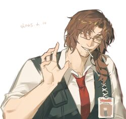 1boy black_vest brown_eyes brown_hair cigarette collared_shirt curtained_hair facial_hair glasses gregor_(project_moon) grin hand_up head_tilt highres id_card jing84672940 lcb_uniform_(project_moon) limbus_company looking_at_viewer low_ponytail male_focus messy_hair necktie ponytail project_moon red_necktie red_shirt shirt smile solo stubble upper_body vest waving white_background