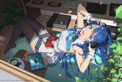 1girl adjusting_headphones ai-chan_(playstation) armpits bean_bag_chair black_thighhighs blue_eyes blue_hair blush breasts cherry_blossoms cosmetics cup day detached_collar dress female_focus full_body game_console garter_straps handheld_game_console headphones indoors knees_together_feet_apart lips lipstick_tube long_hair looking_at_viewer medium_breasts nail_polish off-shoulder_dress off_shoulder open_mouth petals pink_nails plant playstation_2 playstation_3 playstation_4 playstation_controller playstation_portable playstation_vita red_pupils shade short_dress sitting sleeveless smile solo sony sunlight tablet_pc thighhighs thighs vofan white_dress wrist_cuffs