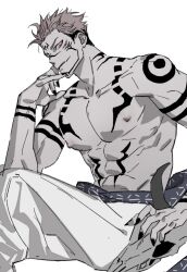 11114tai 1boy abs animal_skull black_hair black_nails body_markings broad_shoulders brown_hair collarbone extra_eyes facial_hair facial_mark fang feet_out_of_frame fingernails hand_on_own_face head_rest horns jujutsu_kaisen looking_to_the_side male_focus multicolored_hair muscular muscular_male nipples pants pectorals red_eyes ryoumen_sukuna_(jujutsu_kaisen) sharp_fingernails sideburns sideburns_stubble sideways_glance simple_background solo stubble topless_male two-tone_hair white_background white_pants