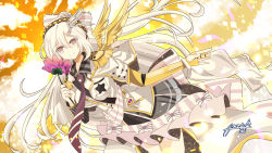 1girl amatsuki_rei between_breasts black_skirt bow breasts brown_eyes chunithm closed_mouth commentary_request cowboy_shot elbow_gloves epaulettes female_focus floating_hair flower gloves grey_hair hair_ornament hairband hairclip hand_up highres holding holding_flower jacket long_hair long_sleeves looking_at_viewer partially_fingerless_gloves scenery signature single_elbow_glove single_glove skirt smile solo strap_between_breasts white_hair white_jacket