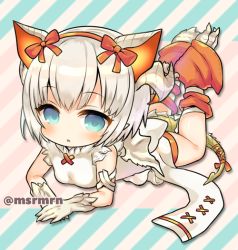 Rule 34 | 1girl, :o, bad id, bad pixiv id, bare shoulders, blue eyes, blush, breasts, chibi, commentary request, diagonal stripes, dragon girl, dragon horns, dress, female focus, full body, horns, looking at viewer, lying, meopun (meopen429), myr (p&amp;d), on stomach, parted lips, puzzle &amp; dragons, scales, silver hair, sleeveless, sleeveless dress, small breasts, solo, striped background, twitter username, white dress