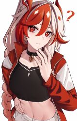 1girl ? absurdres black_choker black_tank_top breasts choker commentary_request fu_hua fu_hua_(garuda) highres honkai_(series) honkai_impact_3rd jacket korean_commentary long_hair looking_at_viewer midriff multicolored_hair navel official_alternate_costume pyeong_il red_eyes red_hair red_jacket shorts simple_background small_breasts solo tank_top two-tone_hair very_long_hair white_background white_hair white_shorts